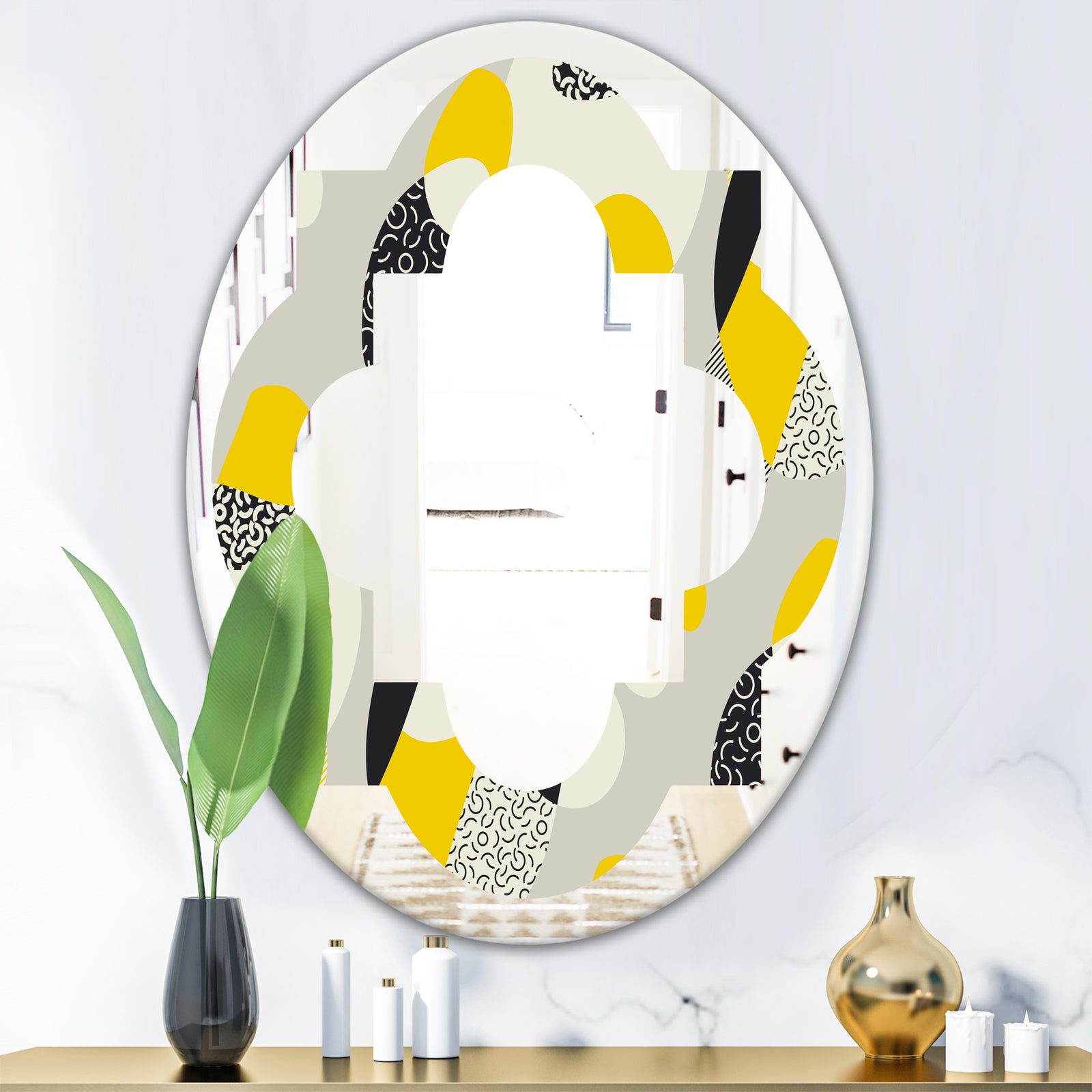 Abstract Design Retro Pattern V - Modern Round or Oval Wall Mirror - Quatrefoil