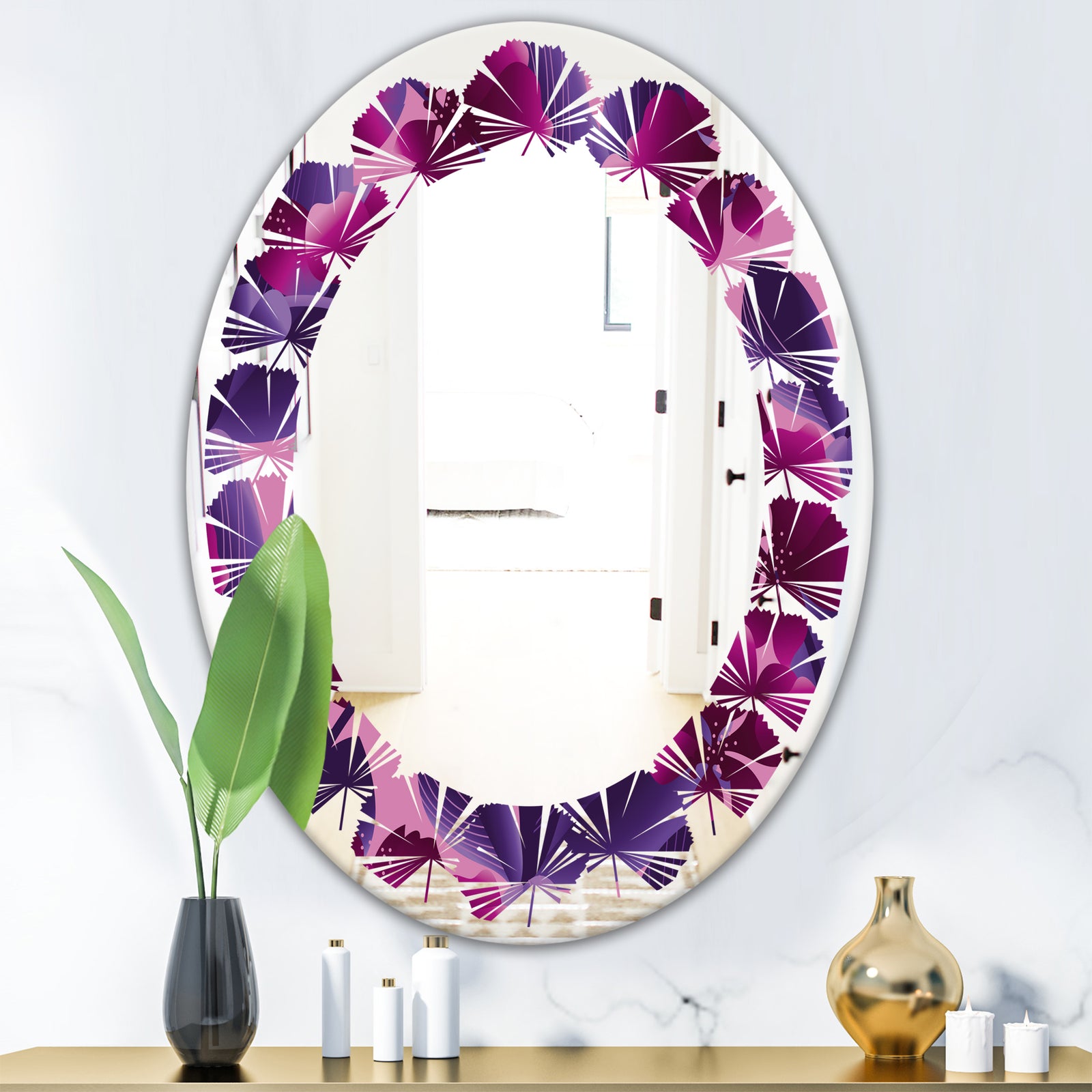 Orchid blossom colorful pattern - Modern Round or Oval Wall Mirror - Leaves