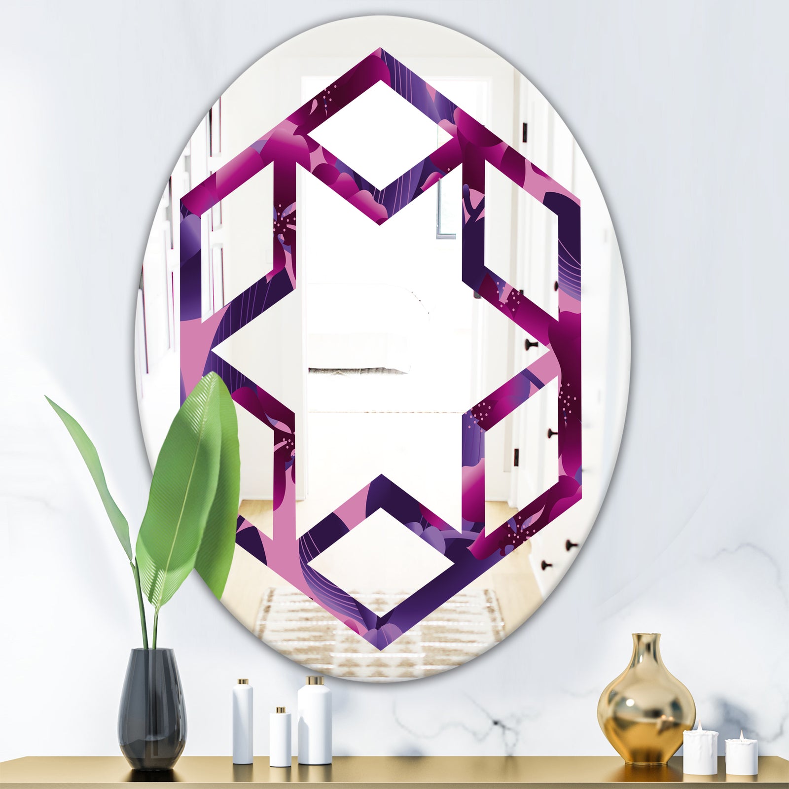 Orchid blossom colorful pattern - Modern Round or Oval Wall Mirror - Hexagon Star