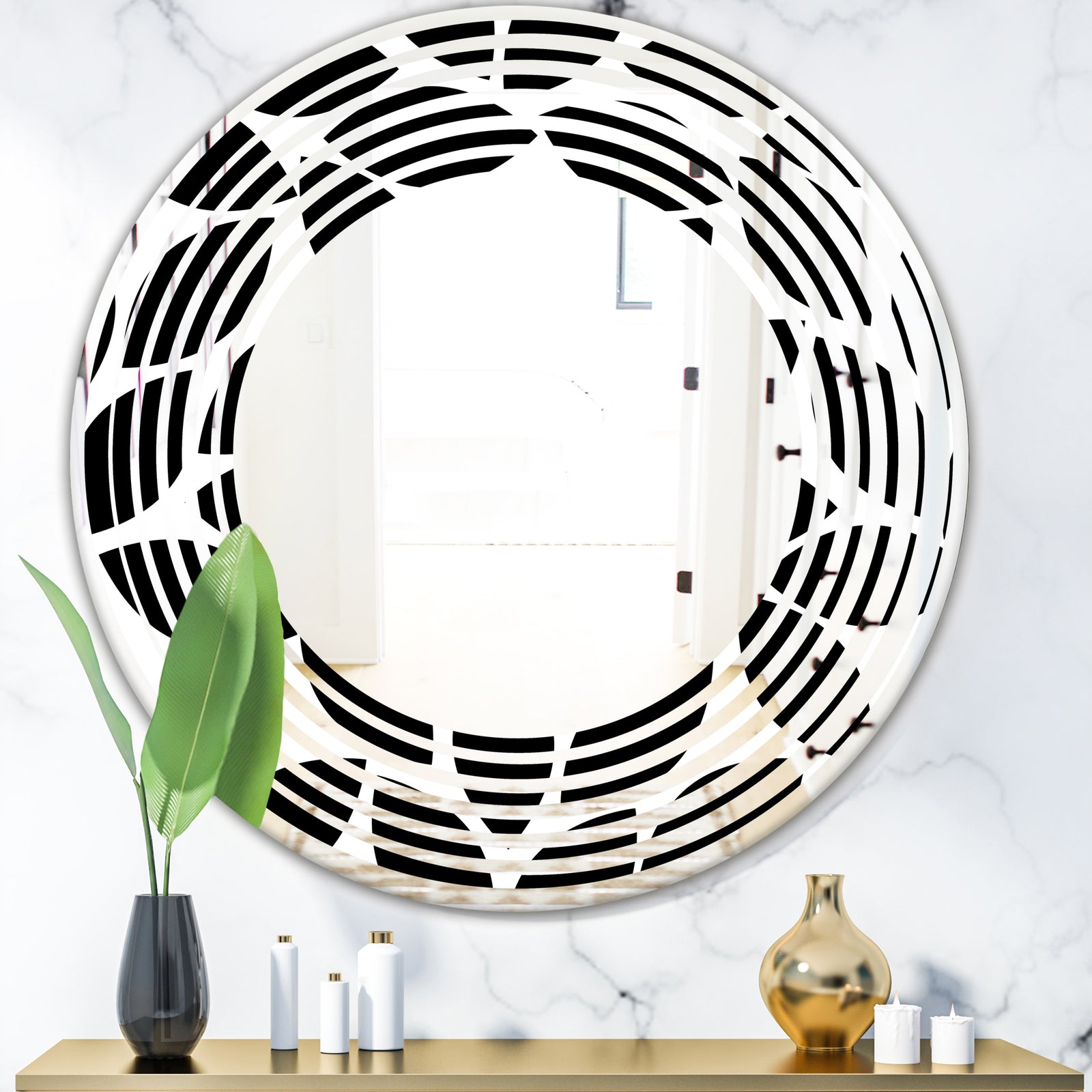 Monochrome Geometric Pattern XII - Modern Round or Oval Wall Mirror - Wave
