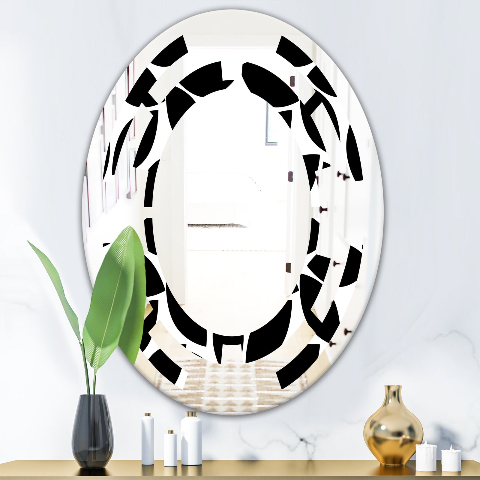 Monochrome Geometric Pattern XII - Modern Round or Oval Wall Mirror - Space