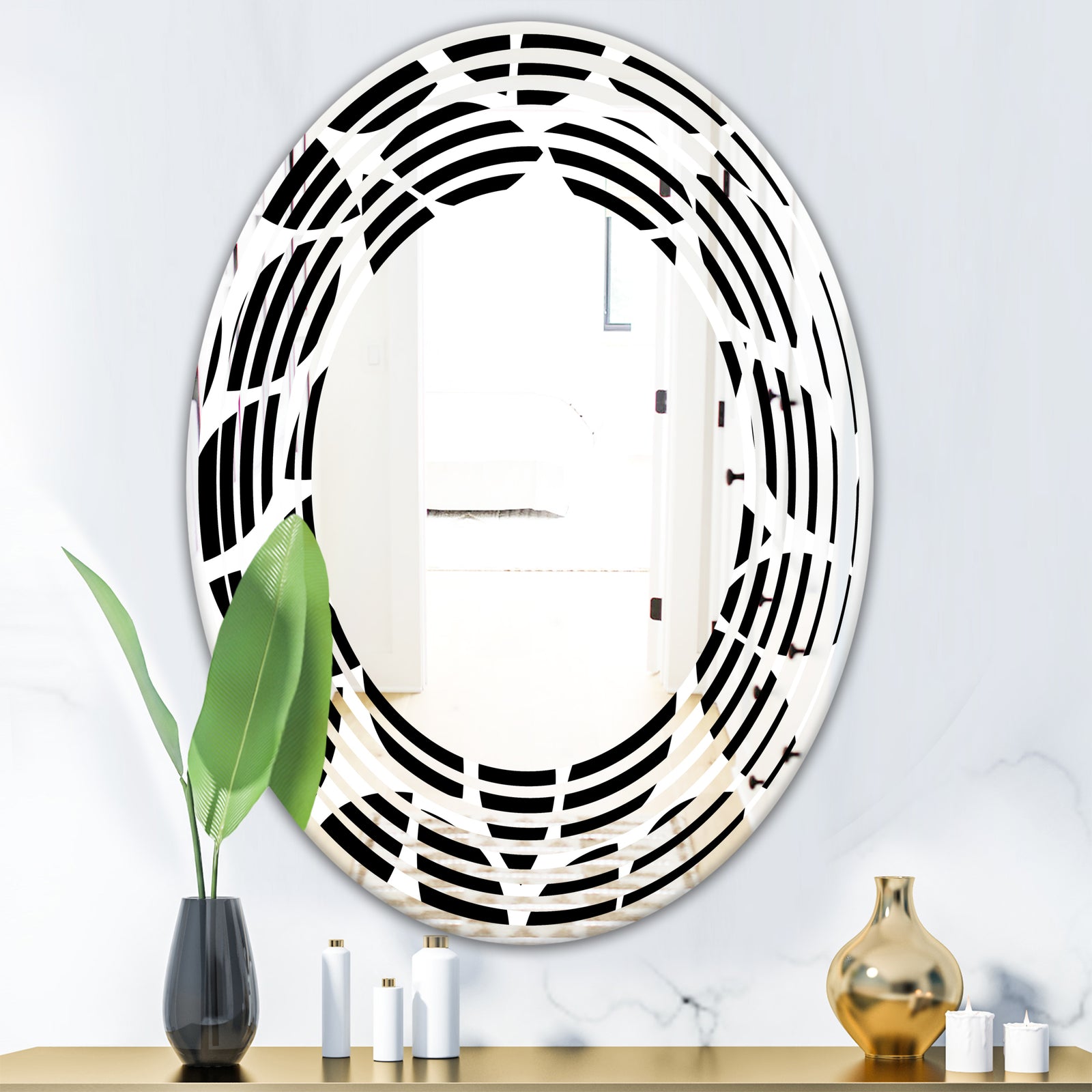 Monochrome Geometric Pattern XII - Modern Round or Oval Wall Mirror - Wave