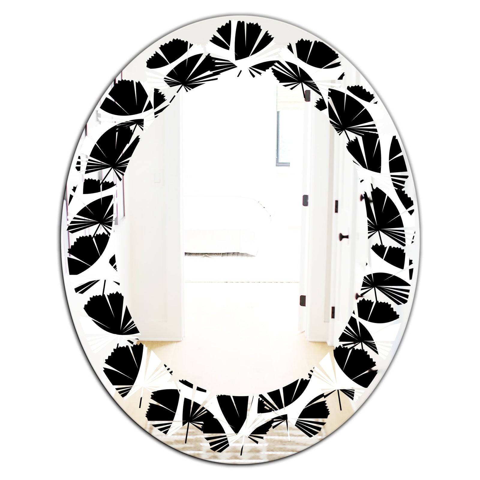 Monochrome Geometric Pattern XII - Modern Round or Oval Wall Mirror - Leaves