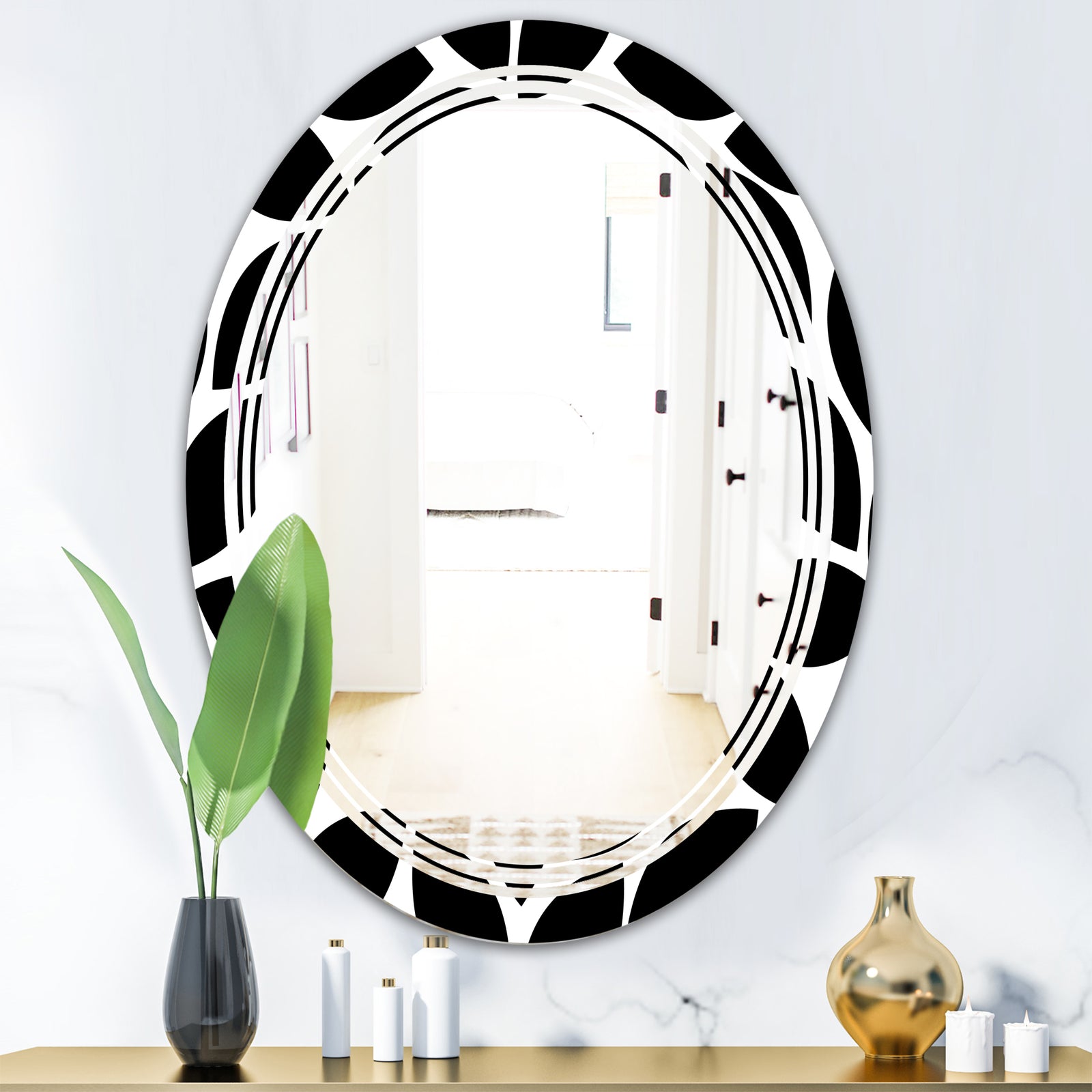Monochrome Geometric Pattern XII - Modern Round or Oval Wall Mirror - Triple C