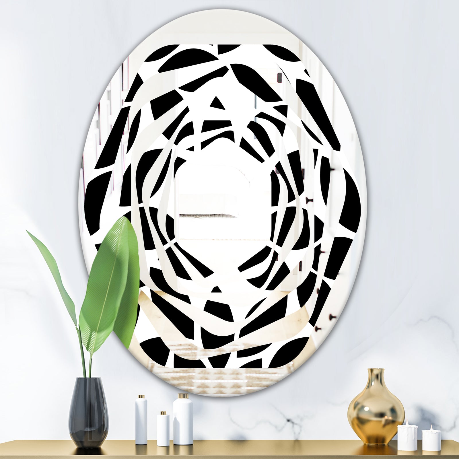 Monochrome Geometric Pattern XII - Modern Round or Oval Wall Mirror - Whirl