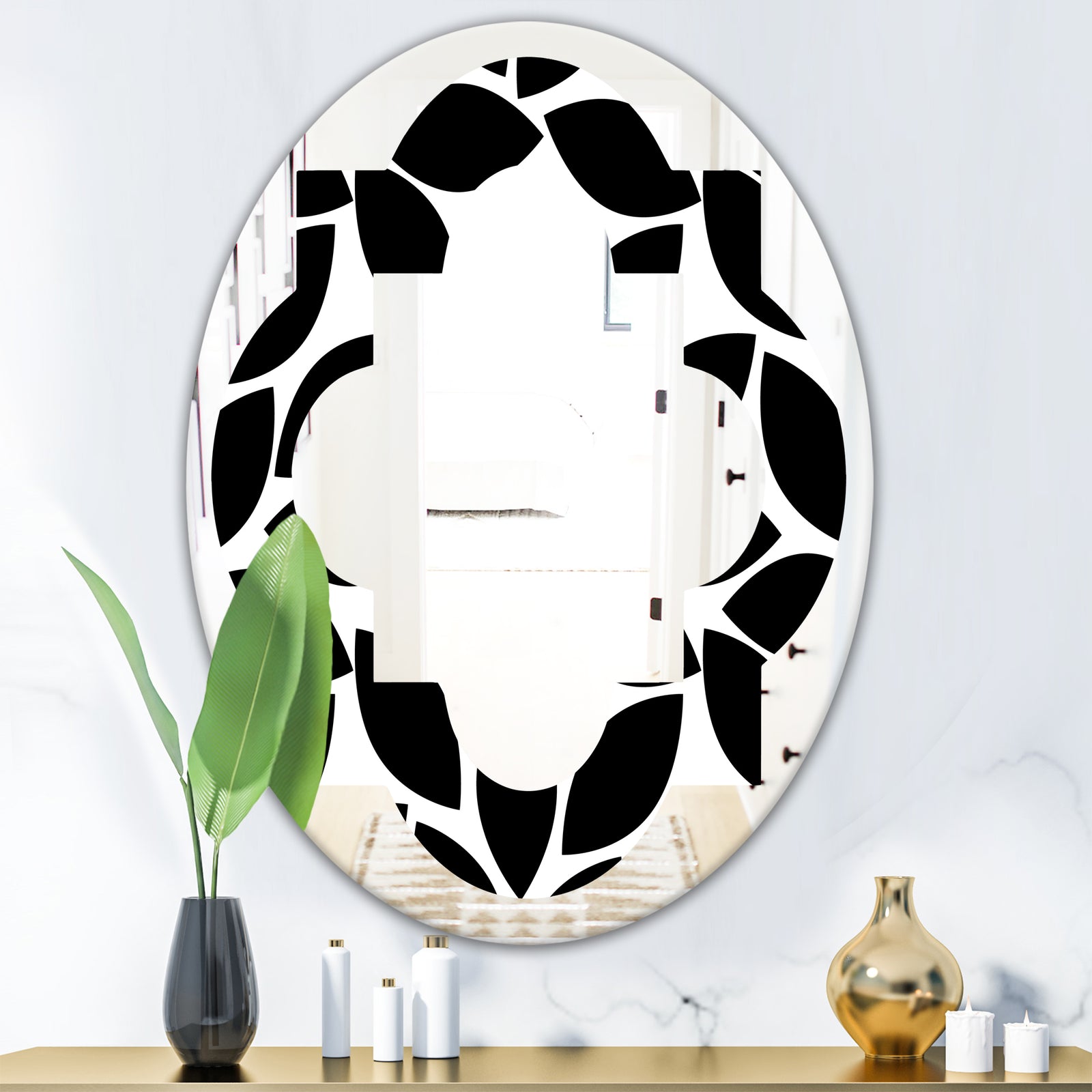 Monochrome Geometric Pattern XII - Modern Round or Oval Wall Mirror - Quatrefoil