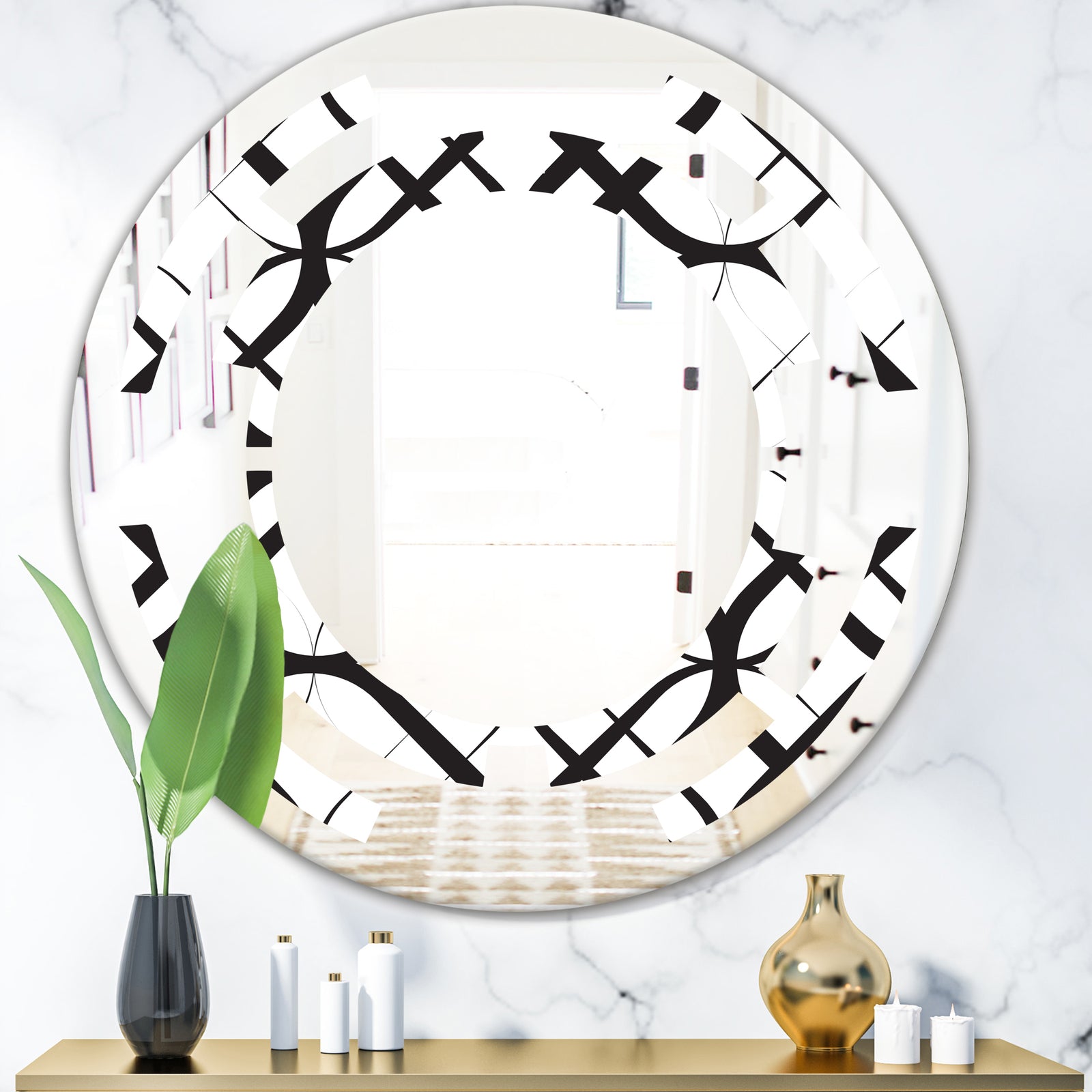 Monochrome Geometric Pattern III - Modern Round or Oval Wall Mirror - Space