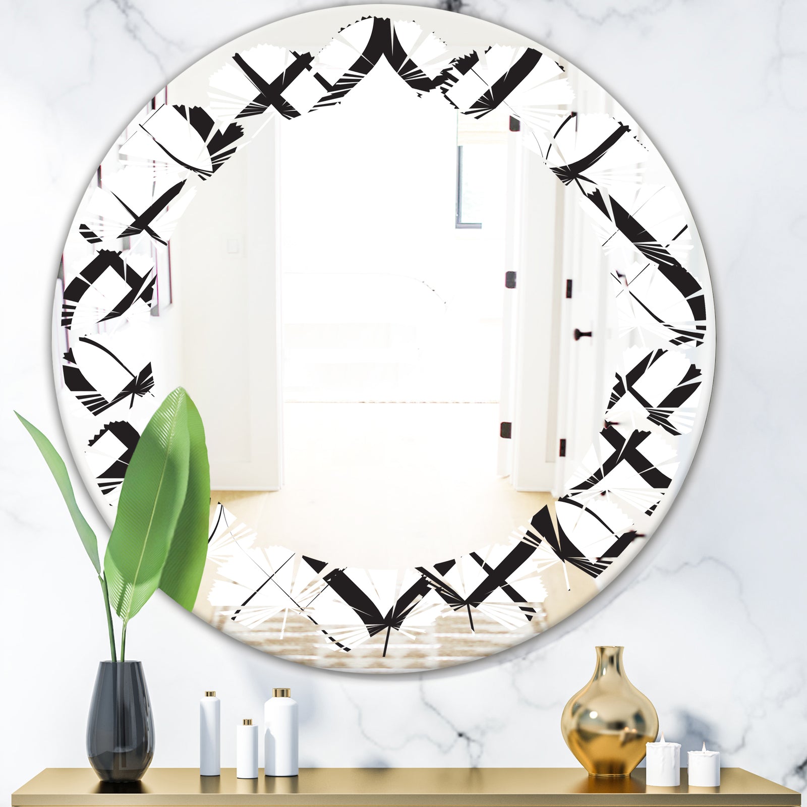 Monochrome Geometric Pattern III - Modern Round or Oval Wall Mirror - Leaves