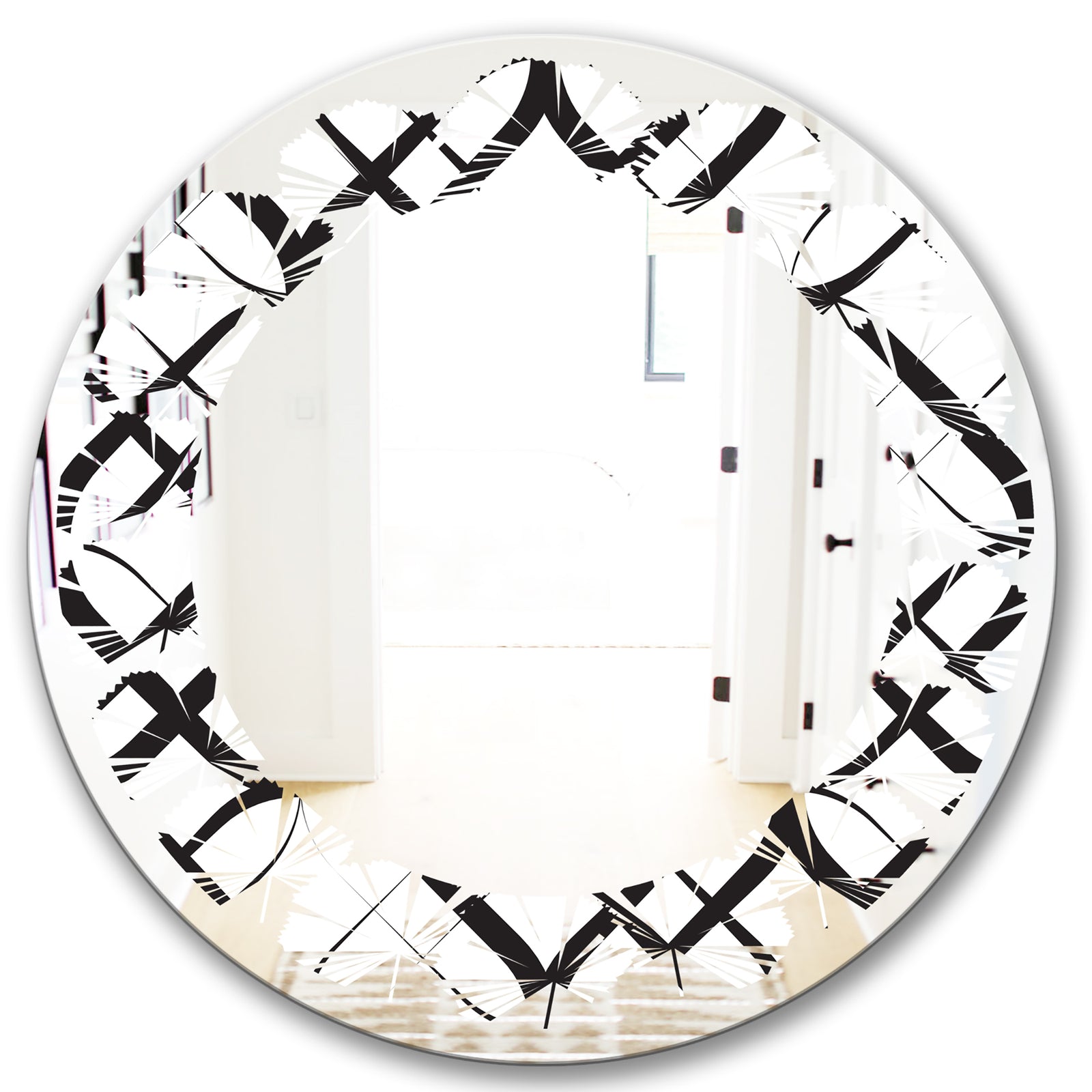 Monochrome Geometric Pattern III - Modern Round or Oval Wall Mirror - Leaves
