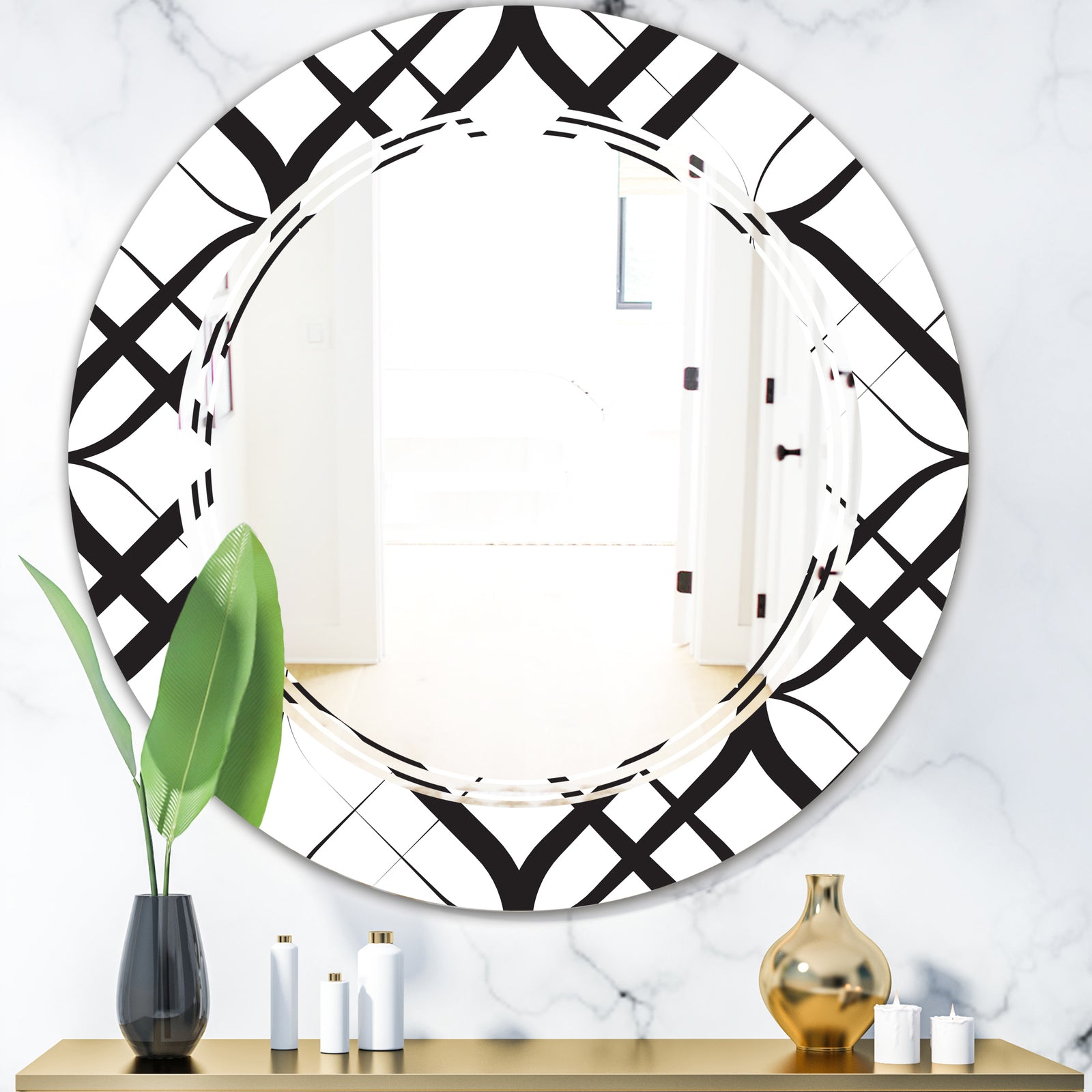 Monochrome Geometric Pattern III - Modern Round or Oval Wall Mirror - Triple C