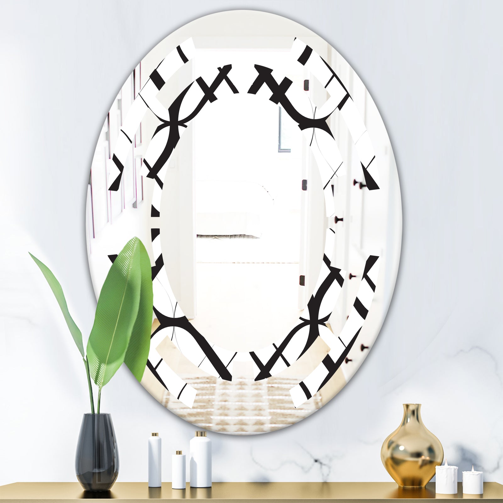 Monochrome Geometric Pattern III - Modern Round or Oval Wall Mirror - Space