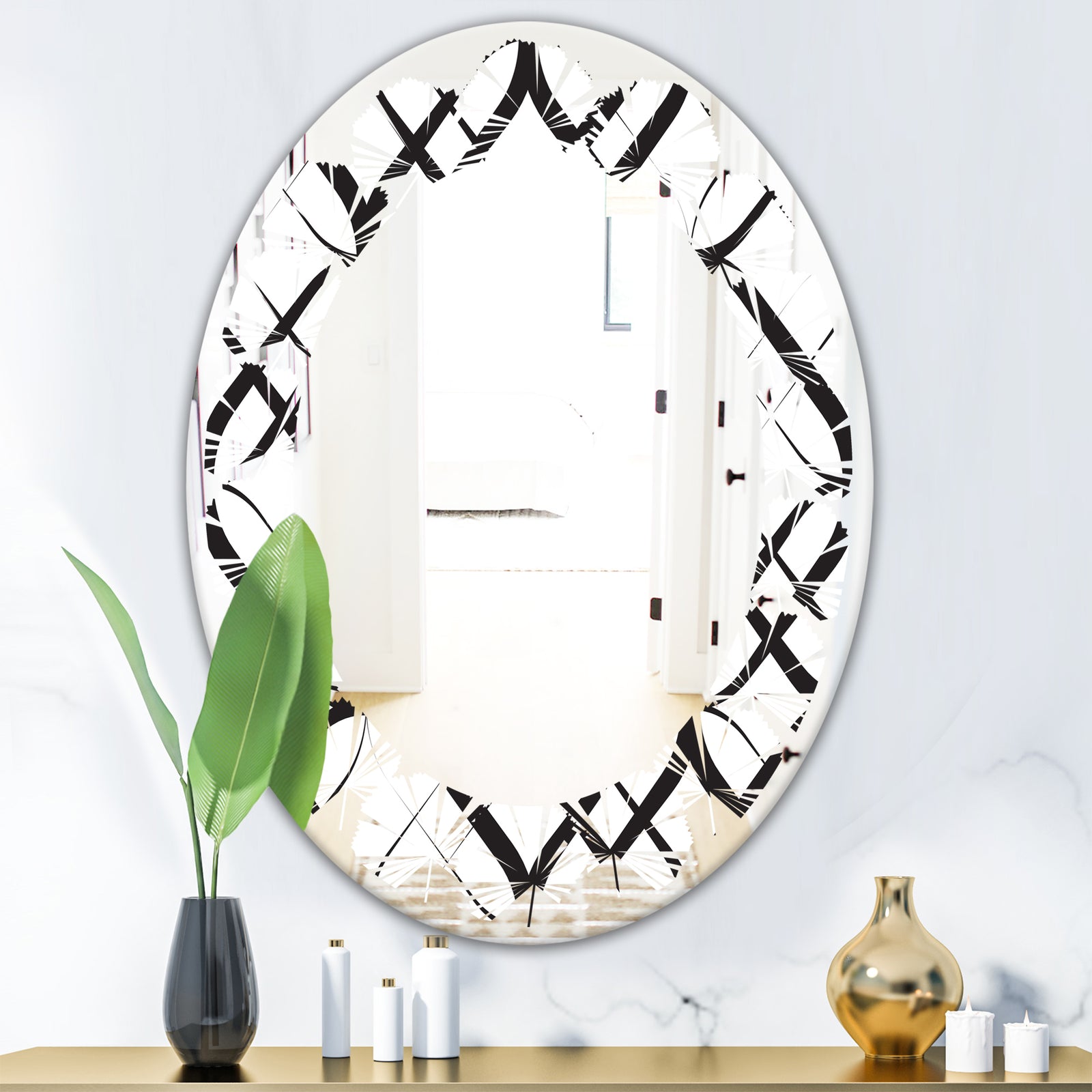 Monochrome Geometric Pattern III - Modern Round or Oval Wall Mirror - Leaves