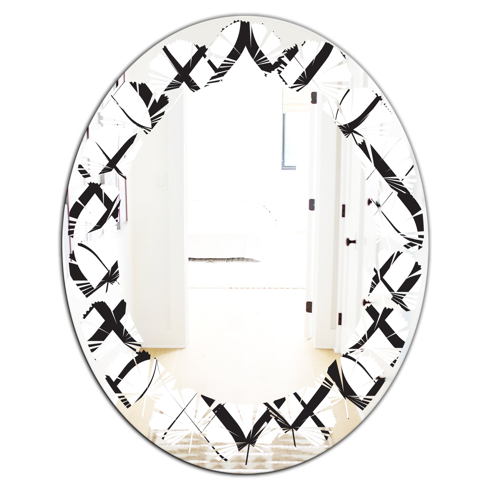 Monochrome Geometric Pattern III - Modern Round or Oval Wall Mirror - Leaves