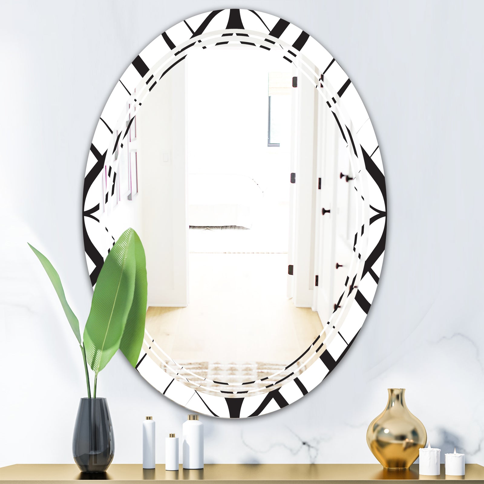 Monochrome Geometric Pattern III - Modern Round or Oval Wall Mirror - Triple C