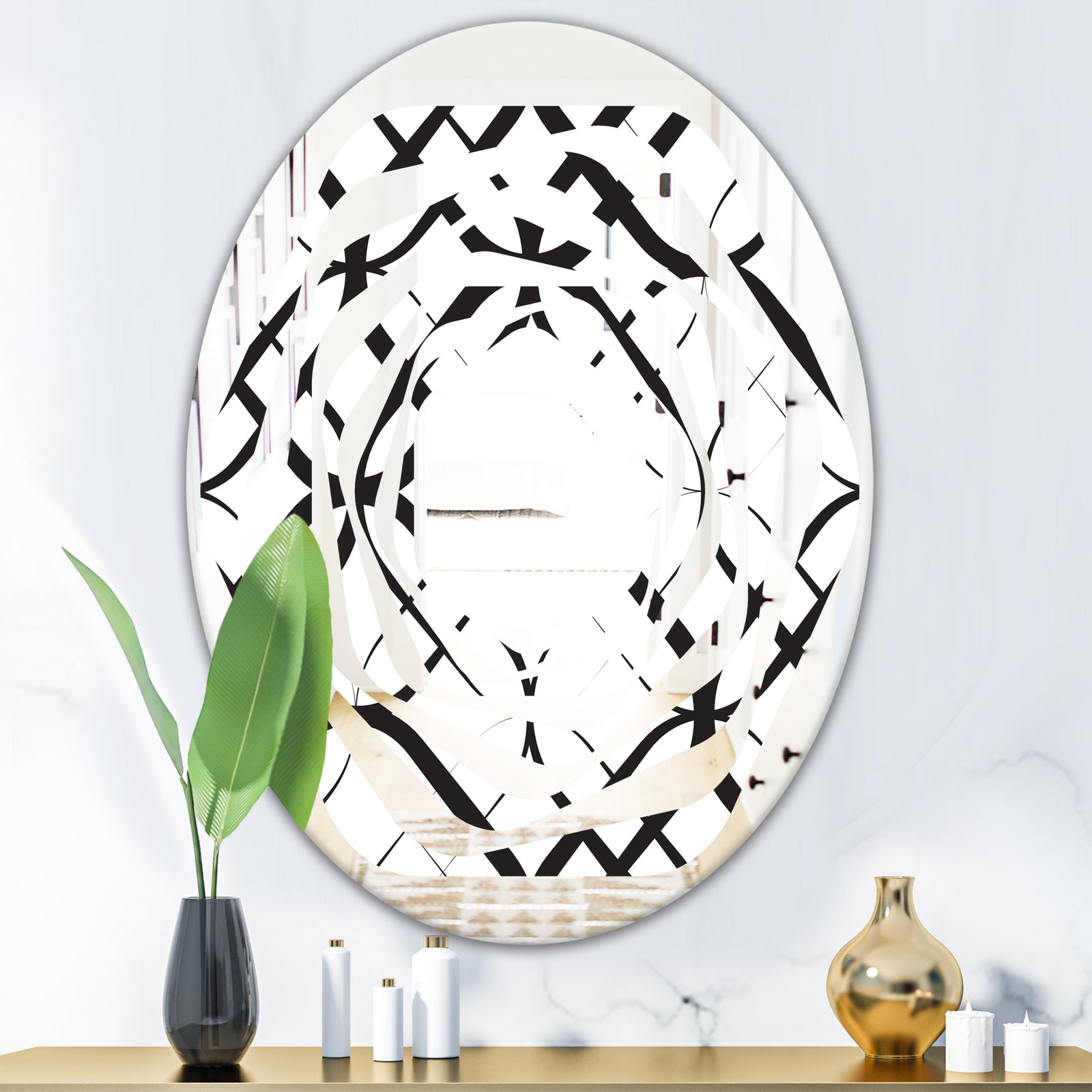 Monochrome Geometric Pattern III - Modern Round or Oval Wall Mirror - Whirl
