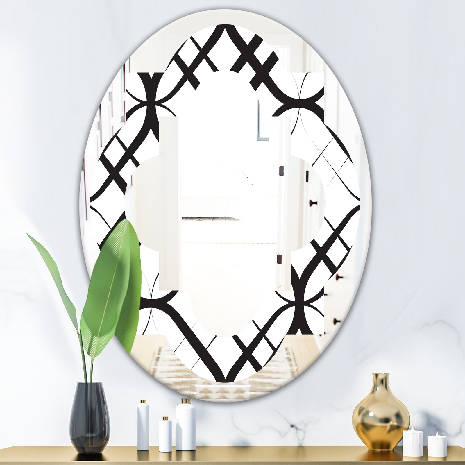 Monochrome Geometric Pattern III - Modern Round or Oval Wall Mirror - Quatrefoil