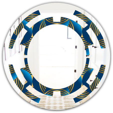 Geometric abstract waves in gold and marine blue - Modern Round or Oval Wall Mirror - Space