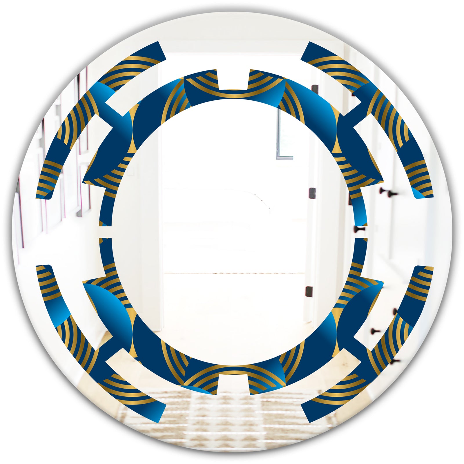 Geometric abstract waves in gold and marine blue - Modern Round or Oval Wall Mirror - Space