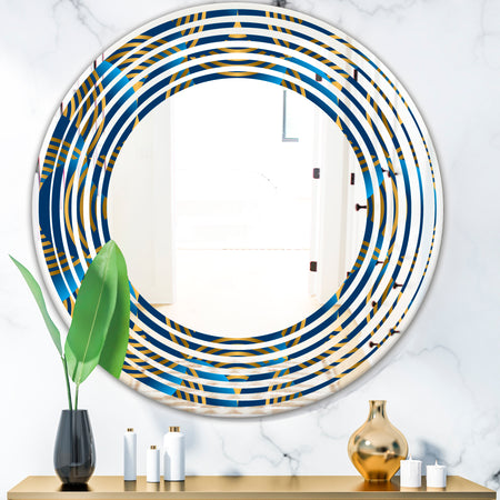 Geometric abstract waves in gold and marine blue - Modern Round or Oval Wall Mirror - Wave