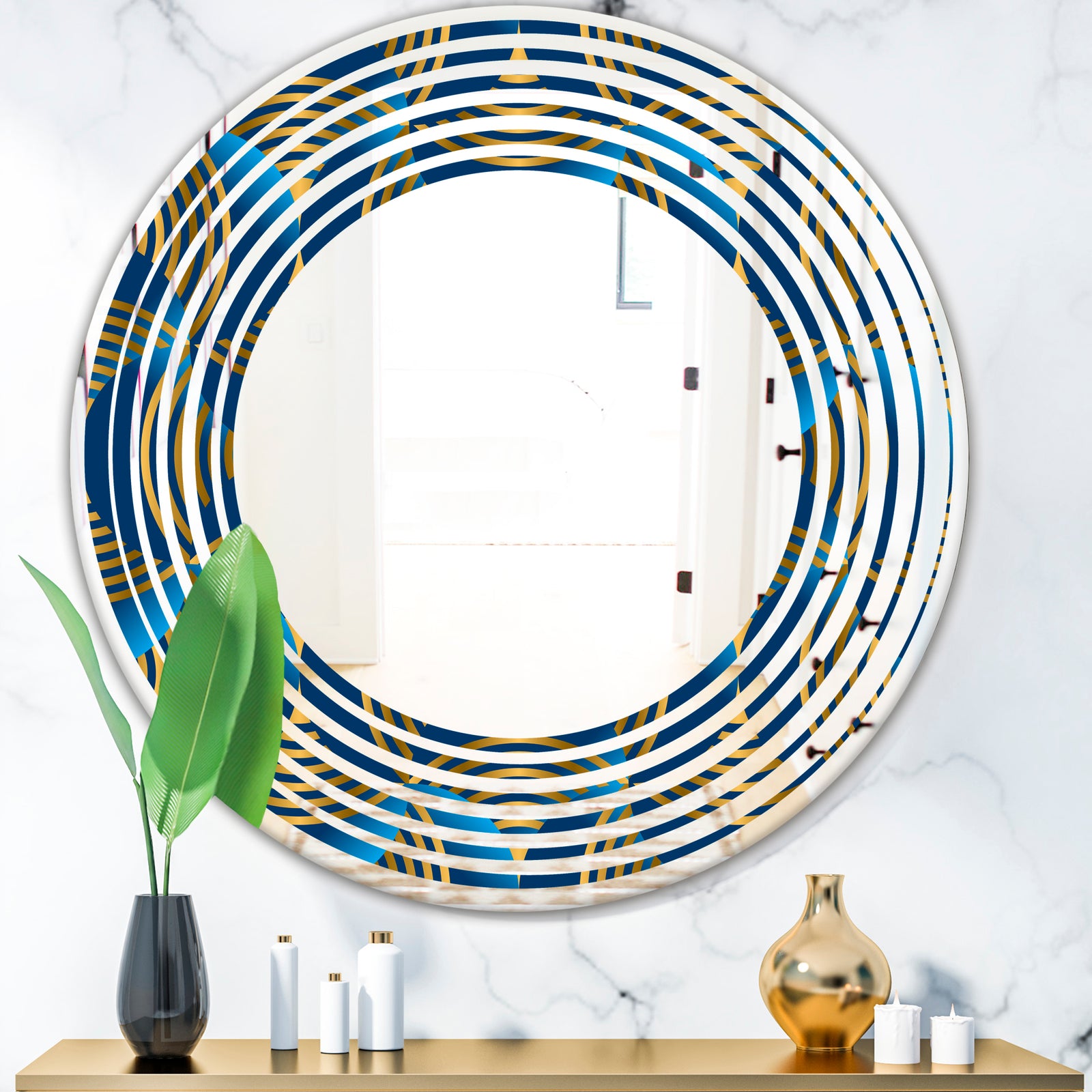 Geometric abstract waves in gold and marine blue - Modern Round or Oval Wall Mirror - Wave