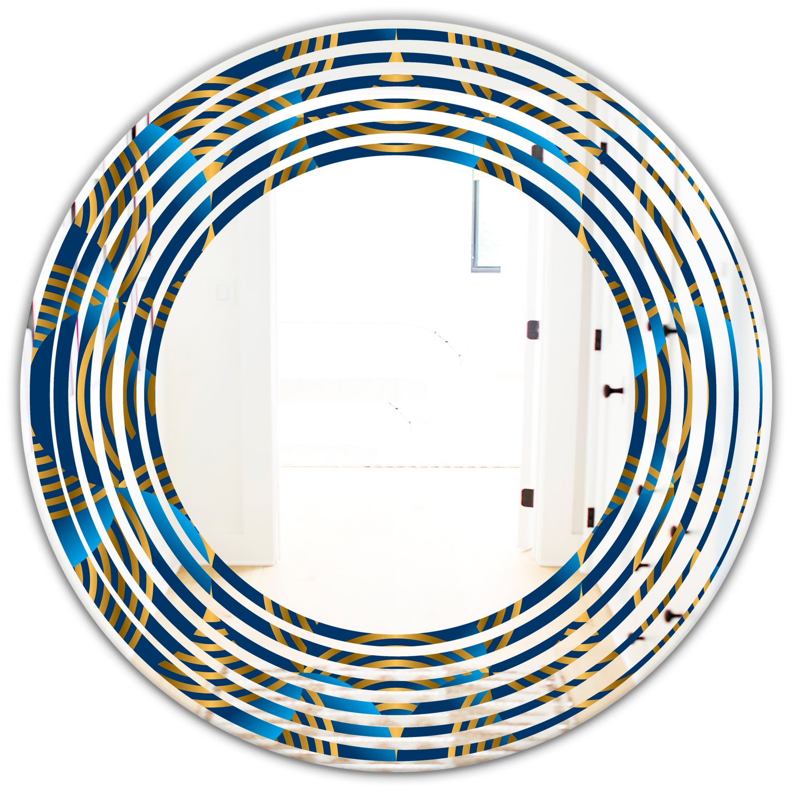 Geometric abstract waves in gold and marine blue - Modern Round or Oval Wall Mirror - Wave