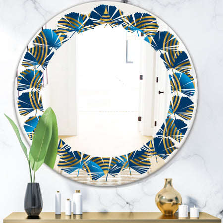 Geometric abstract waves in gold and marine blue - Modern Round or Oval Wall Mirror - Leaves