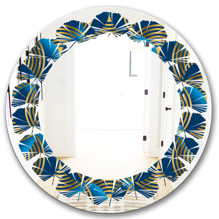 Geometric abstract waves in gold and marine blue - Modern Round or Oval Wall Mirror - Leaves