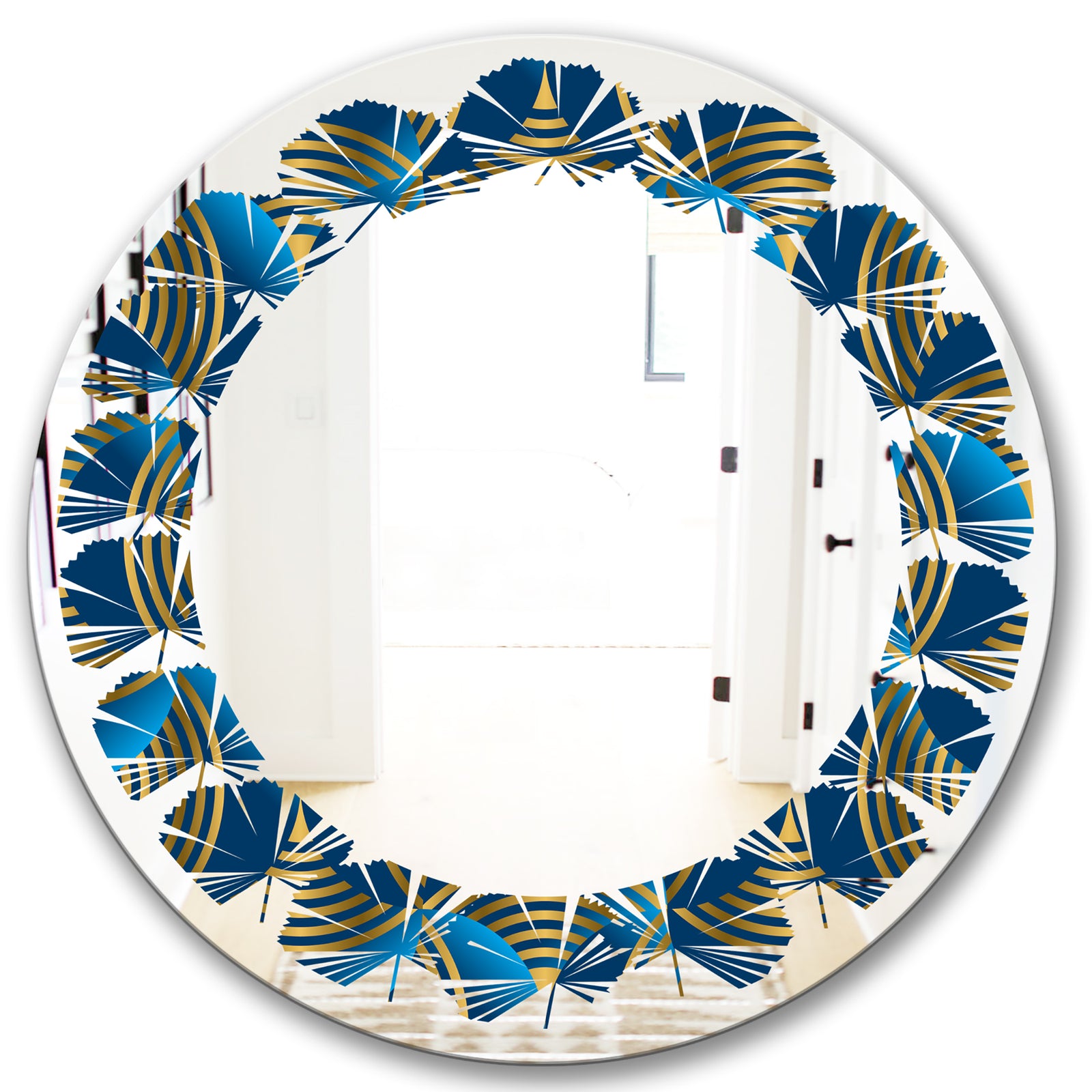 Geometric abstract waves in gold and marine blue - Modern Round or Oval Wall Mirror - Leaves