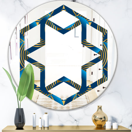 Geometric abstract waves in gold and marine blue - Modern Round or Oval Wall Mirror - Hexagon Star