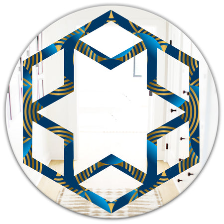 Geometric abstract waves in gold and marine blue - Modern Round or Oval Wall Mirror - Hexagon Star