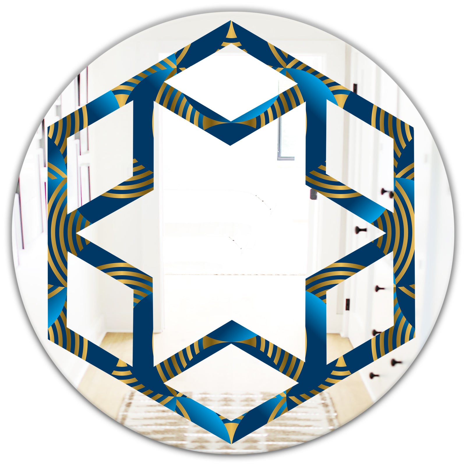Geometric abstract waves in gold and marine blue - Modern Round or Oval Wall Mirror - Hexagon Star