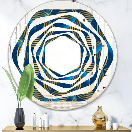 Geometric abstract waves in gold and marine blue - Modern Round or Oval Wall Mirror - Whirl