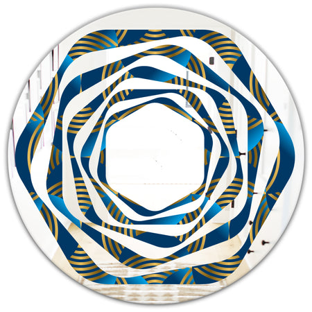 Geometric abstract waves in gold and marine blue - Modern Round or Oval Wall Mirror - Whirl