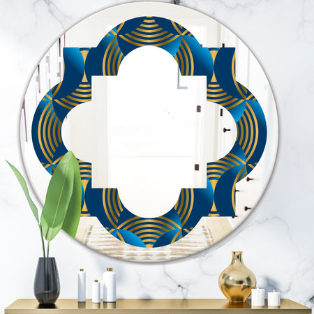 Geometric abstract waves in gold and marine blue - Modern Round or Oval Wall Mirror - Quatrefoil