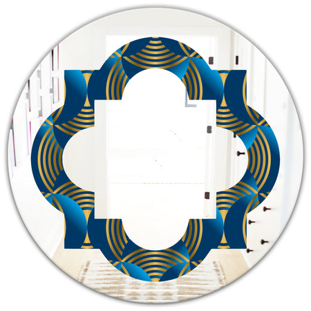 Geometric abstract waves in gold and marine blue - Modern Round or Oval Wall Mirror - Quatrefoil