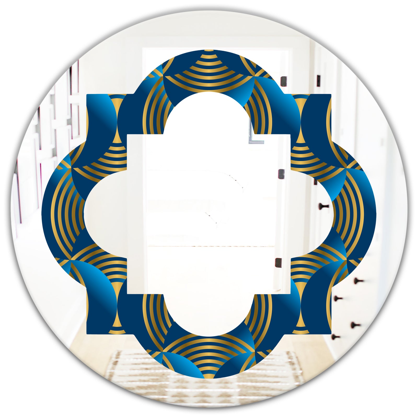 Geometric abstract waves in gold and marine blue - Modern Round or Oval Wall Mirror - Quatrefoil