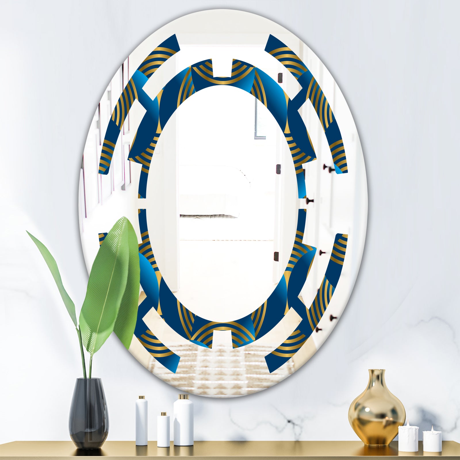 Geometric abstract waves in gold and marine blue - Modern Round or Oval Wall Mirror - Space