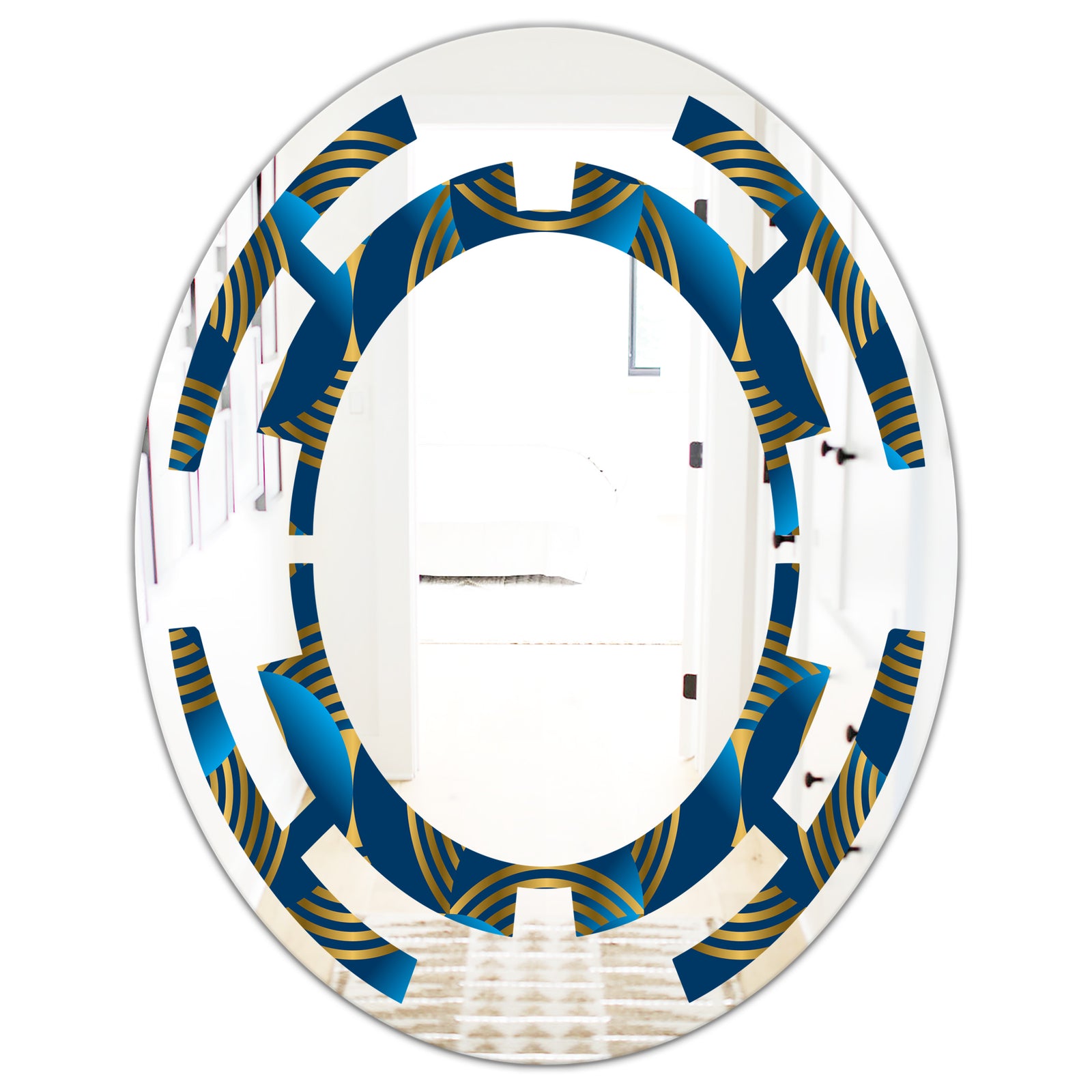 Geometric abstract waves in gold and marine blue - Modern Round or Oval Wall Mirror - Space
