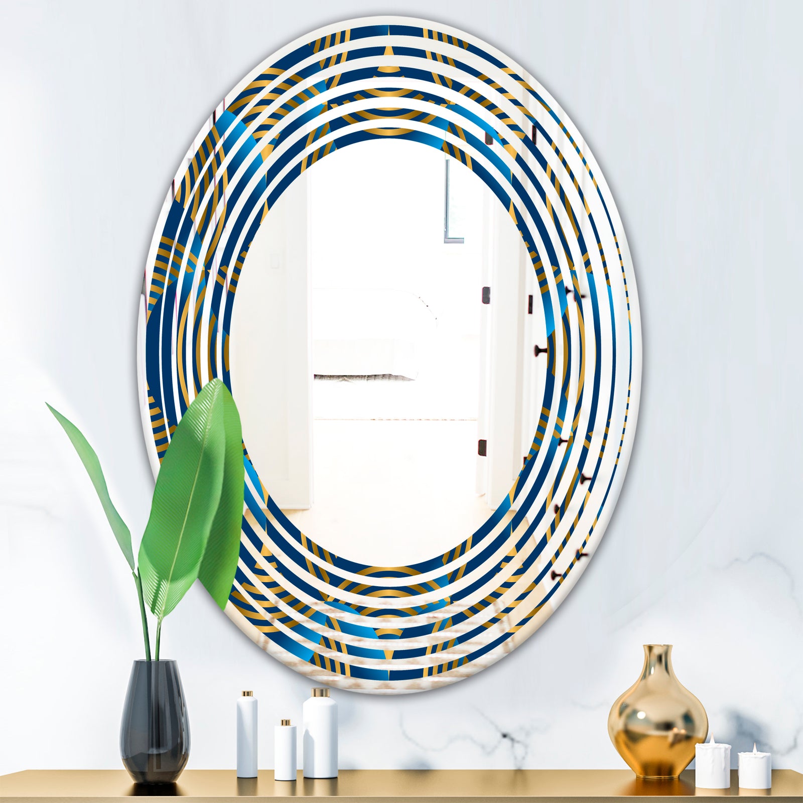 Geometric abstract waves in gold and marine blue - Modern Round or Oval Wall Mirror - Wave