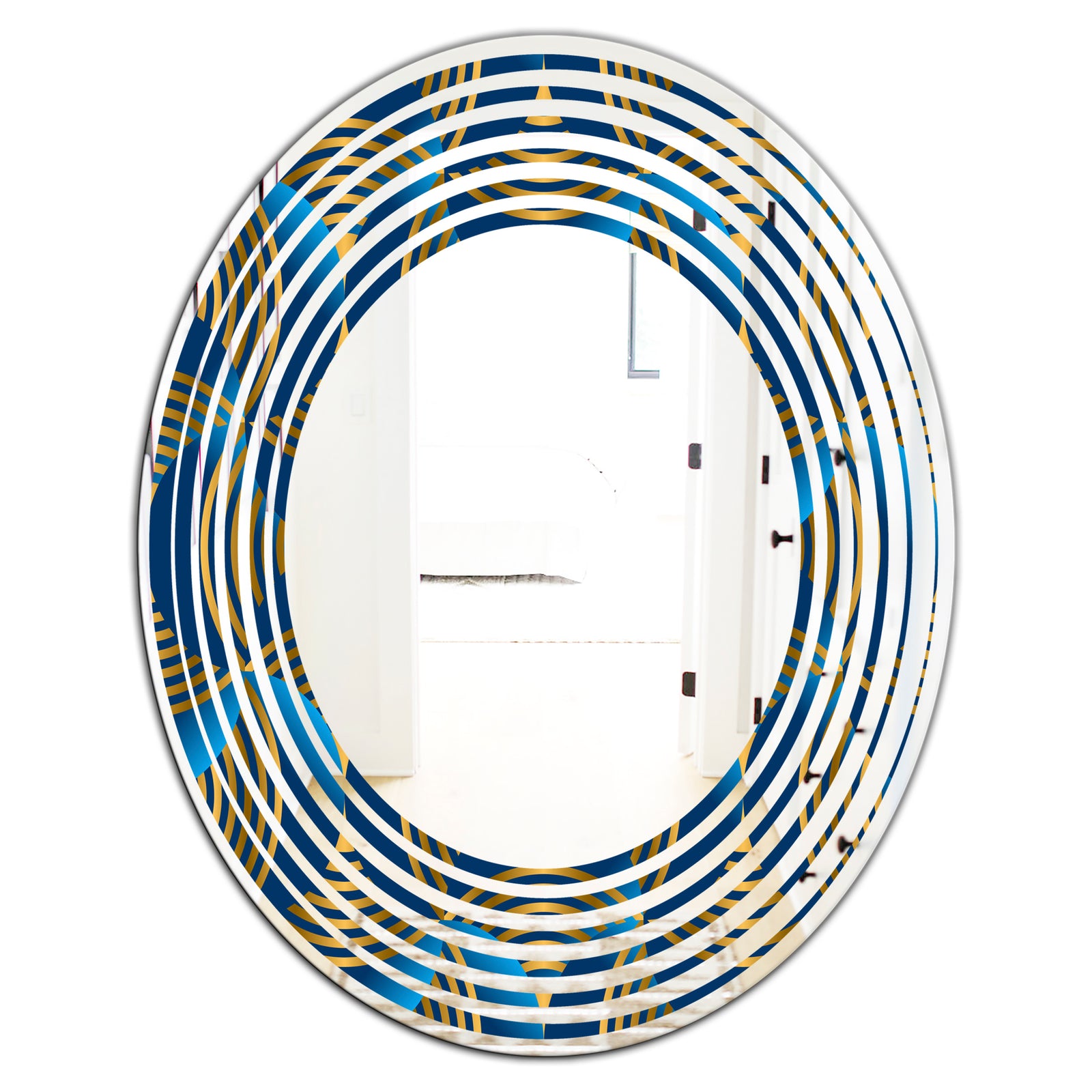 Geometric abstract waves in gold and marine blue - Modern Round or Oval Wall Mirror - Wave