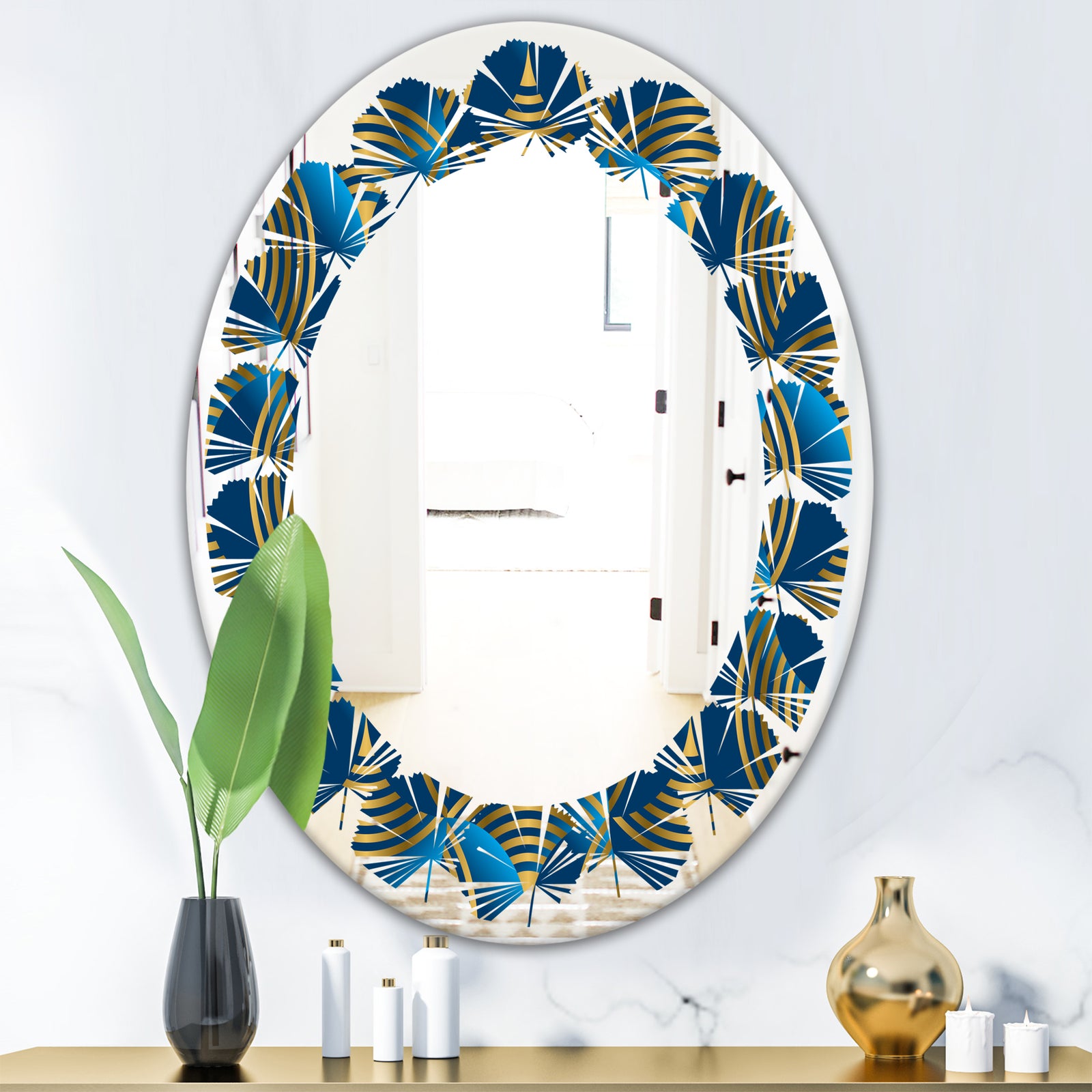 Geometric abstract waves in gold and marine blue - Modern Round or Oval Wall Mirror - Leaves