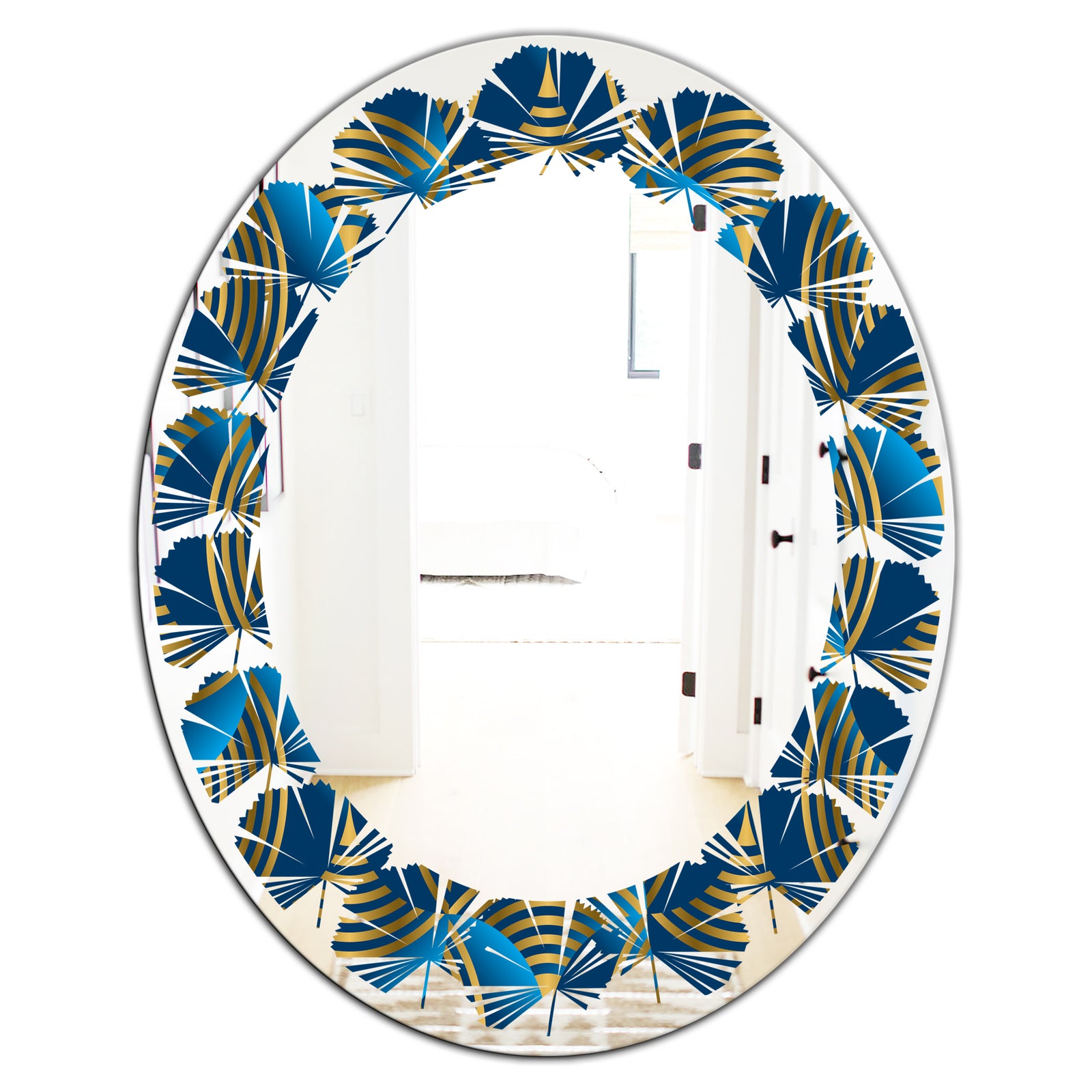 Geometric abstract waves in gold and marine blue - Modern Round or Oval Wall Mirror - Leaves