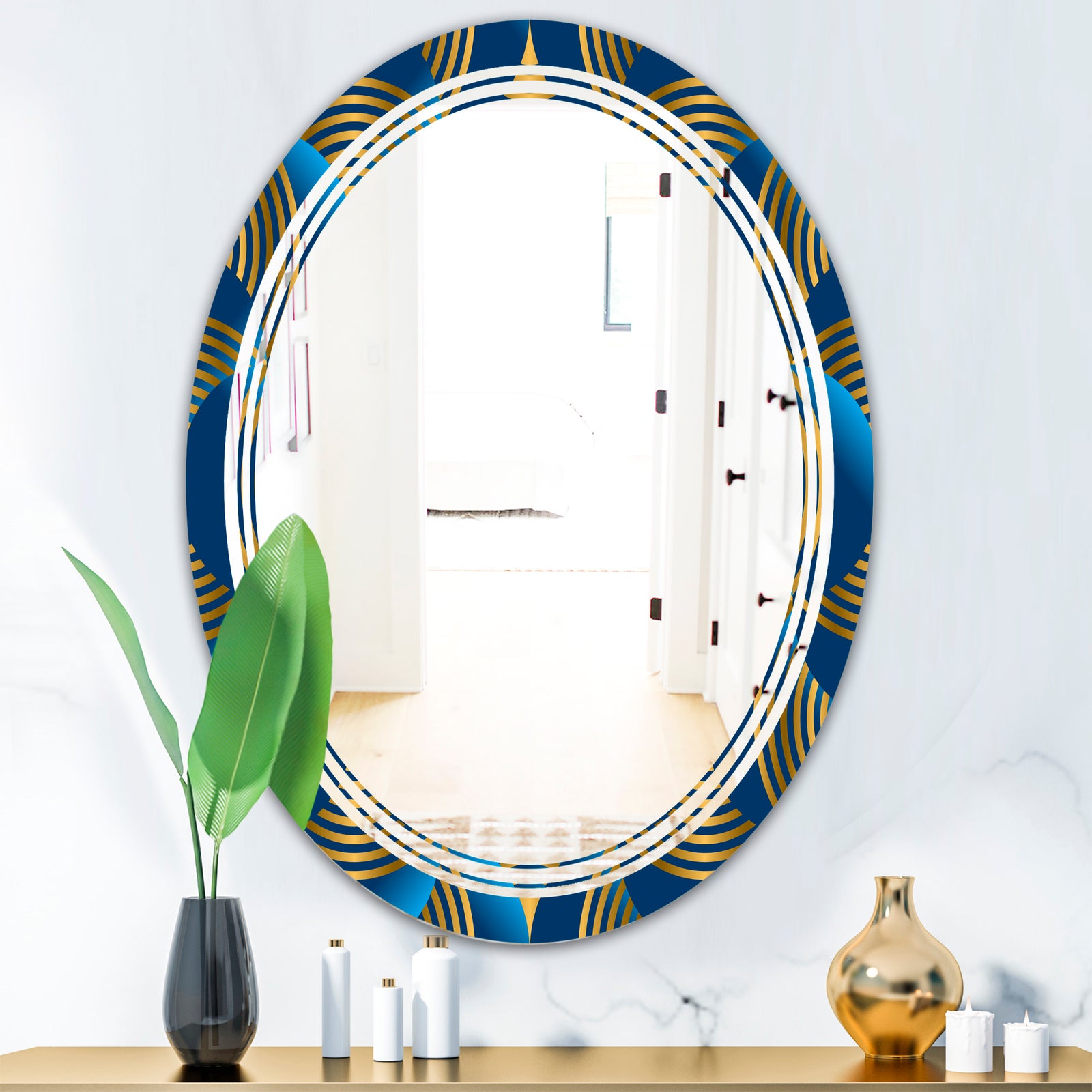 Geometric abstract waves in gold and marine blue - Modern Round or Oval Wall Mirror - Triple C