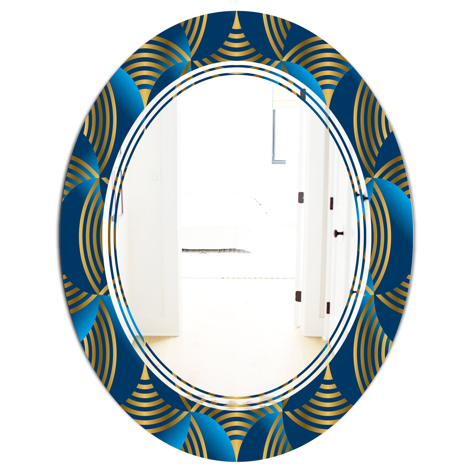 Geometric abstract waves in gold and marine blue - Modern Round or Oval Wall Mirror - Triple C