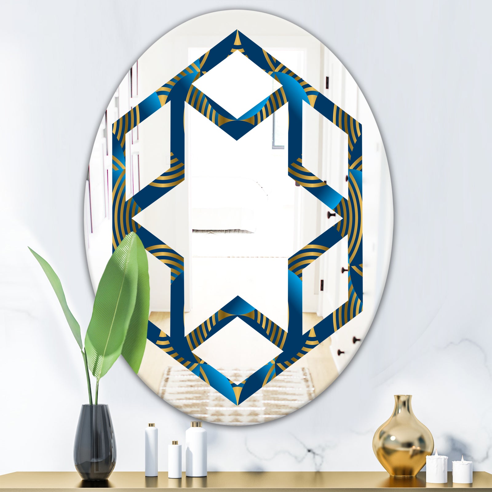 Geometric abstract waves in gold and marine blue - Modern Round or Oval Wall Mirror - Hexagon Star
