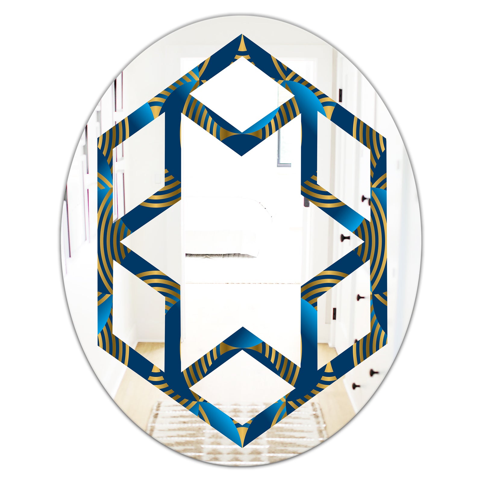 Geometric abstract waves in gold and marine blue - Modern Round or Oval Wall Mirror - Hexagon Star