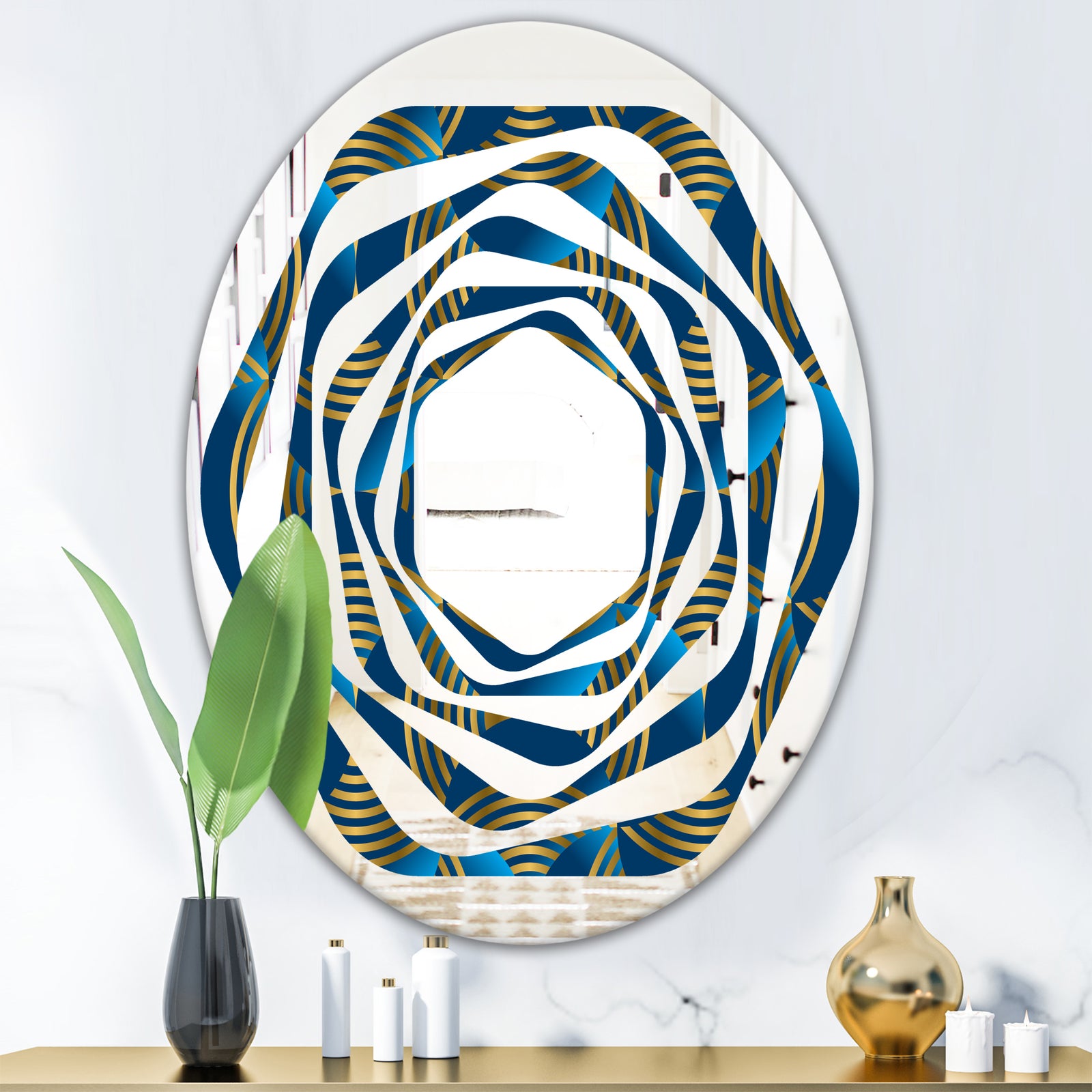Geometric abstract waves in gold and marine blue - Modern Round or Oval Wall Mirror - Whirl