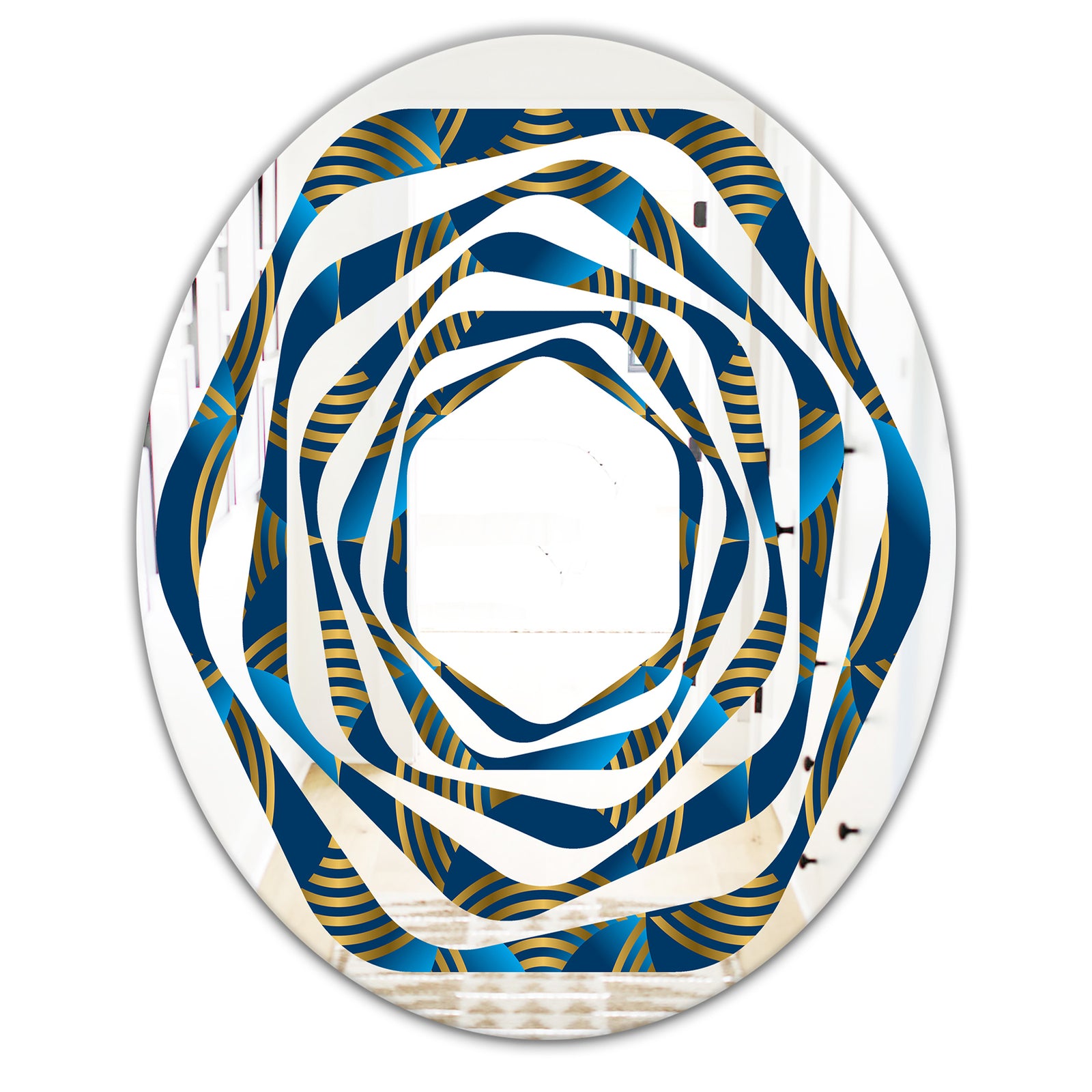 Geometric abstract waves in gold and marine blue - Modern Round or Oval Wall Mirror - Whirl