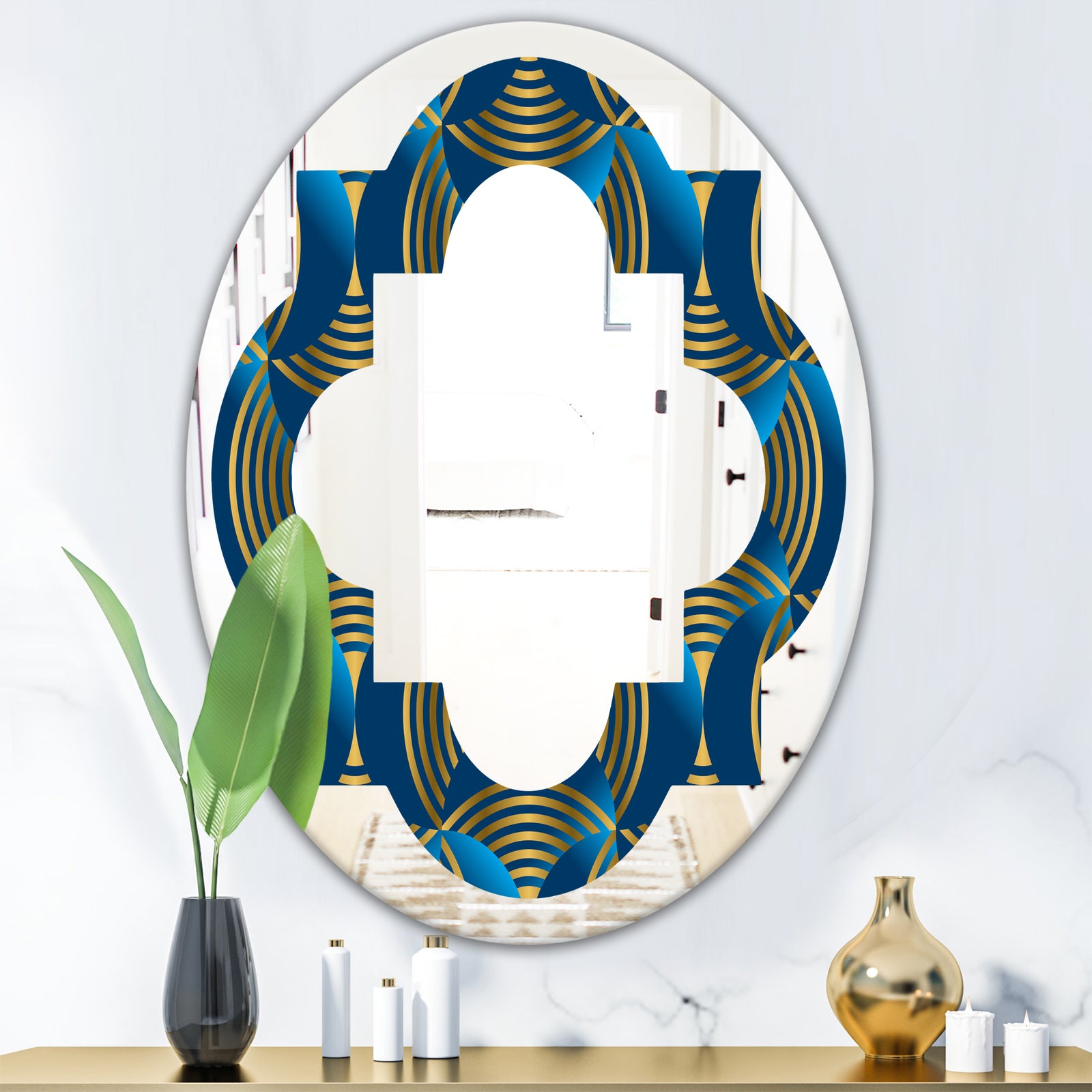 Geometric abstract waves in gold and marine blue - Modern Round or Oval Wall Mirror - Quatrefoil