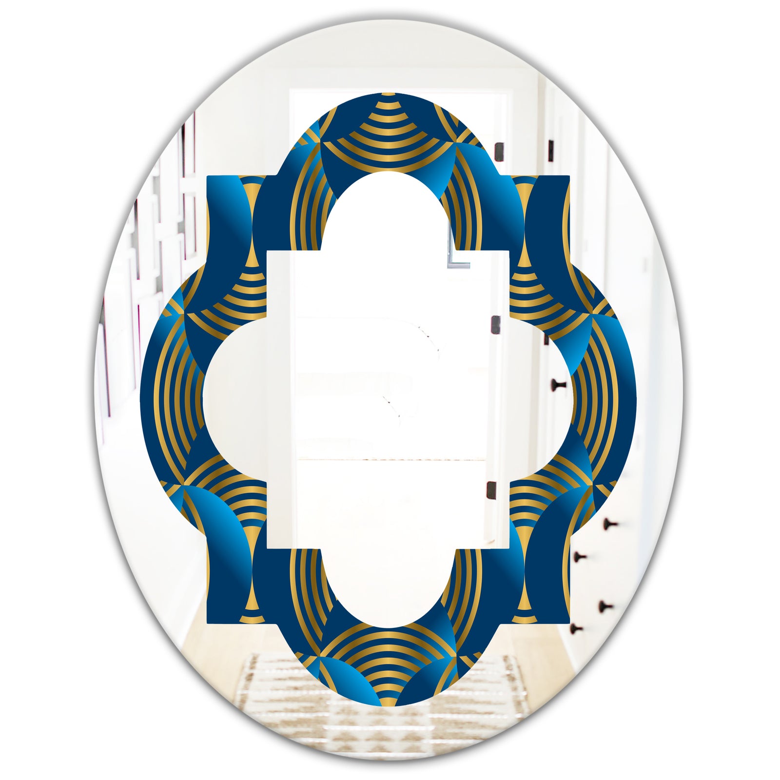 Geometric abstract waves in gold and marine blue - Modern Round or Oval Wall Mirror - Quatrefoil